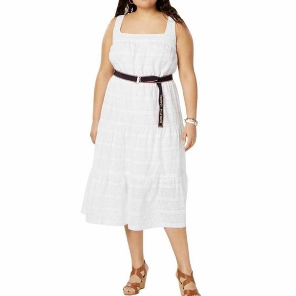 NWT! Tommy Hilfiger Eyelet Belted Midi Dress Plus 22W - Picture 1 of 6